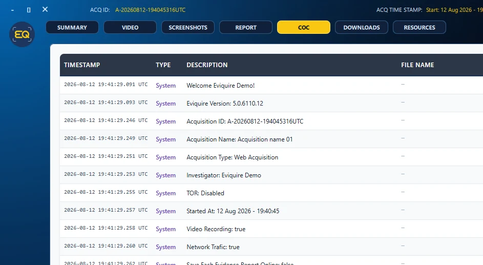 Case Review showing chain-of-custody records in a demonstration environment.