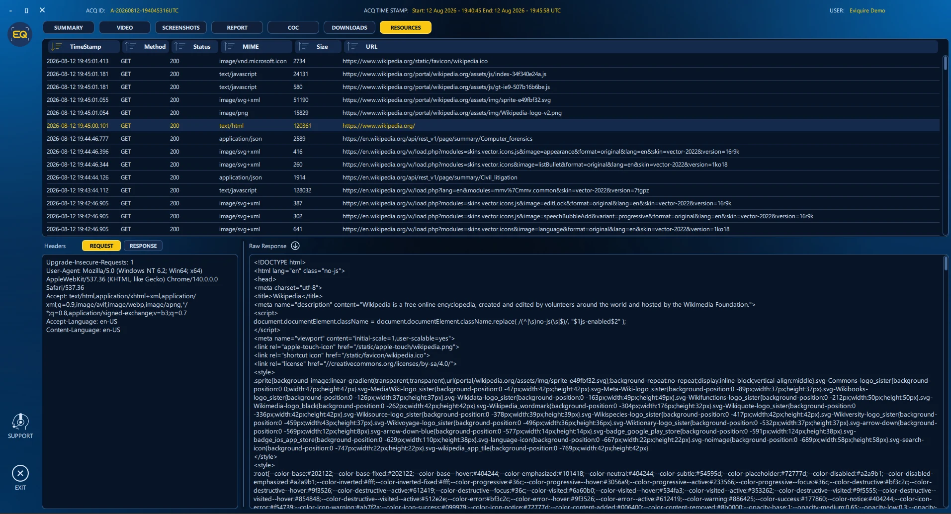 Case Review showing available request and response details in a demonstration environment.