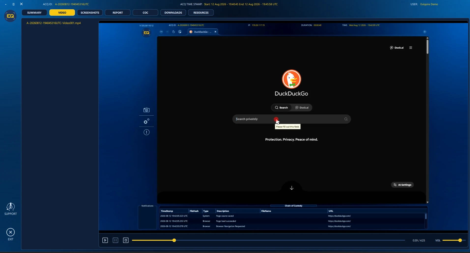 Case Review showing an acquisition-session video in a demonstration environment.